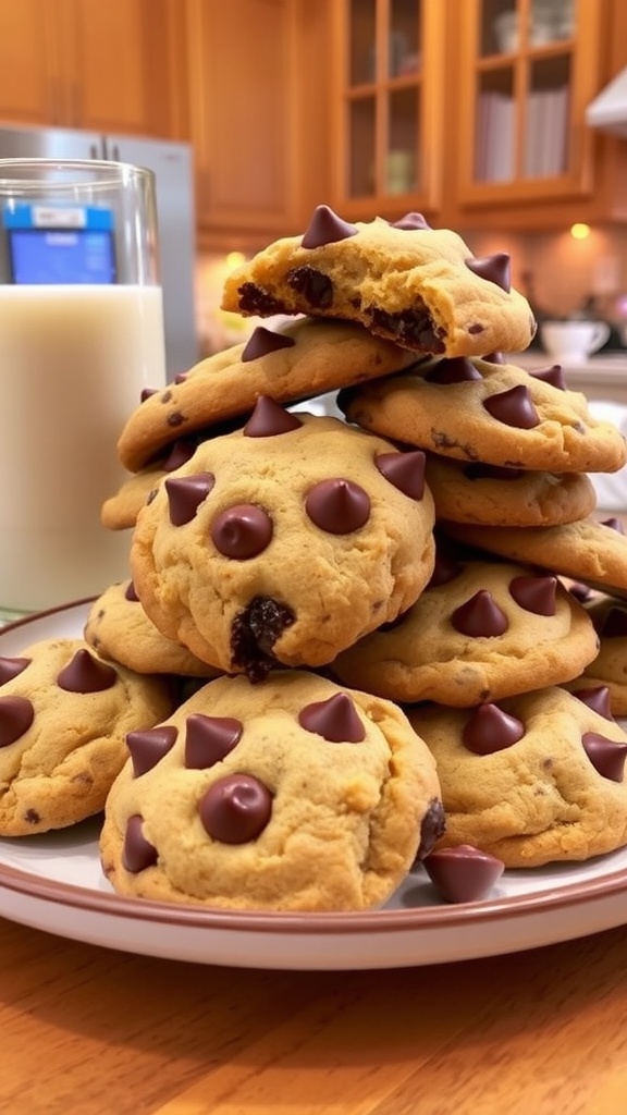 A stack of golden chocolate chip cookies on a plate, with melted chocolate chips and a glass of milk.